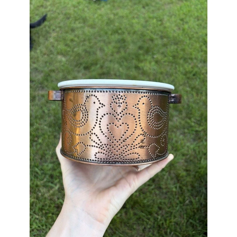 Copper Floral Metal Holder Sleeve w/ Handles & White Enamel Mixing Bowl 2pc